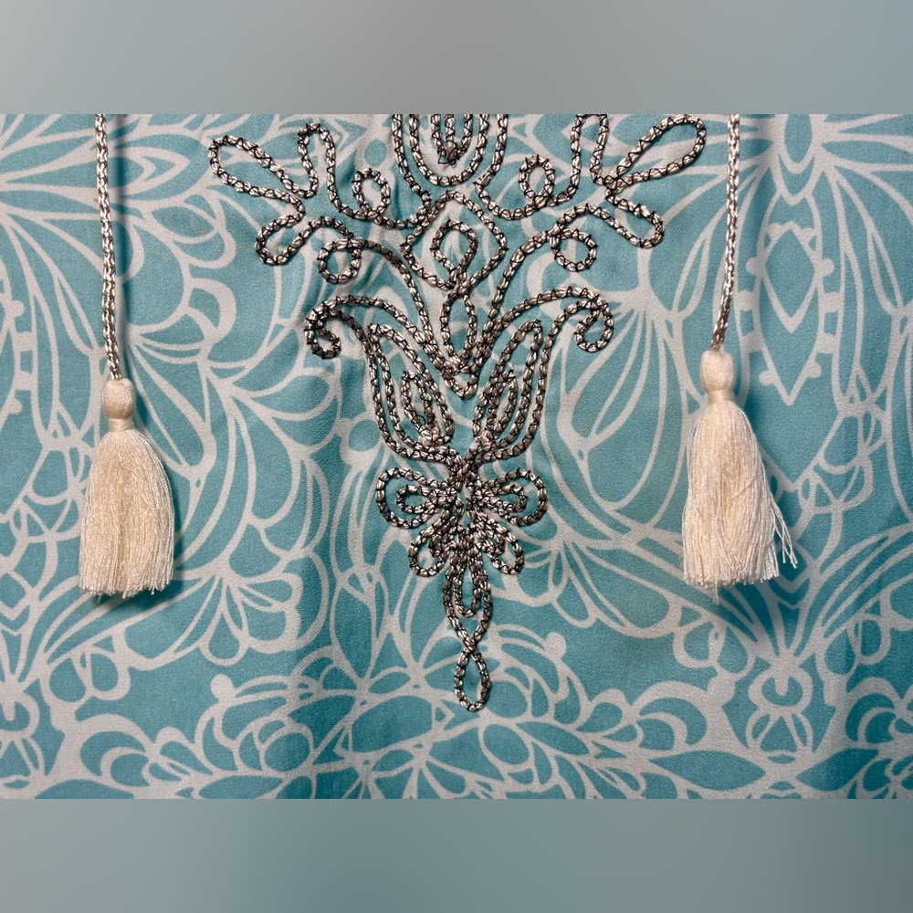 Chicos Split Neck Pullover Tunic Aqua Embroidered… - image 3